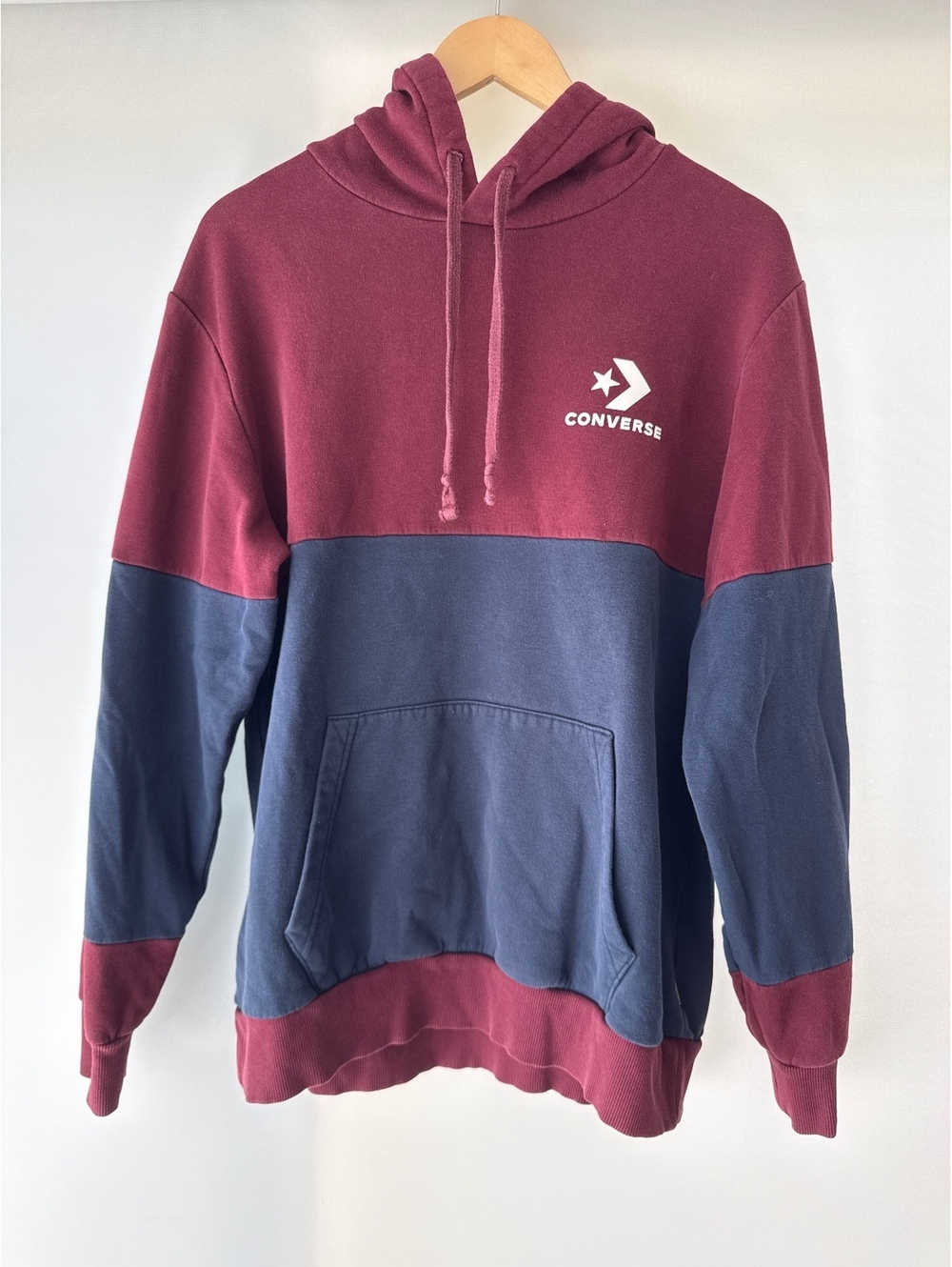 Converse Colorblock Hoodie Mens Large Burgundy Navy Pullover Sweatshirt